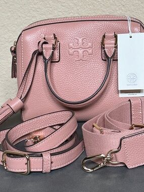 NWT Tory Burch Women’s Thea Mini Web Satchel 87899 Pink Moon Leather Gold Tone
